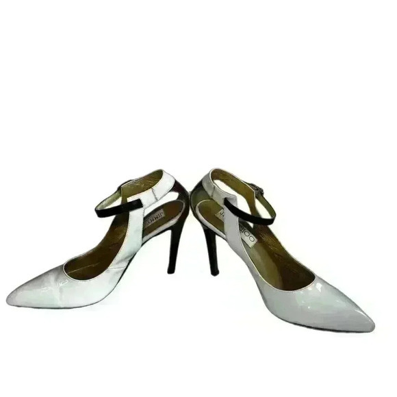 Jimmy Choo White Patent Leather w Black Ankle Strap Snakeskin Heel Pumps Size 39 - Picture 10 of 13